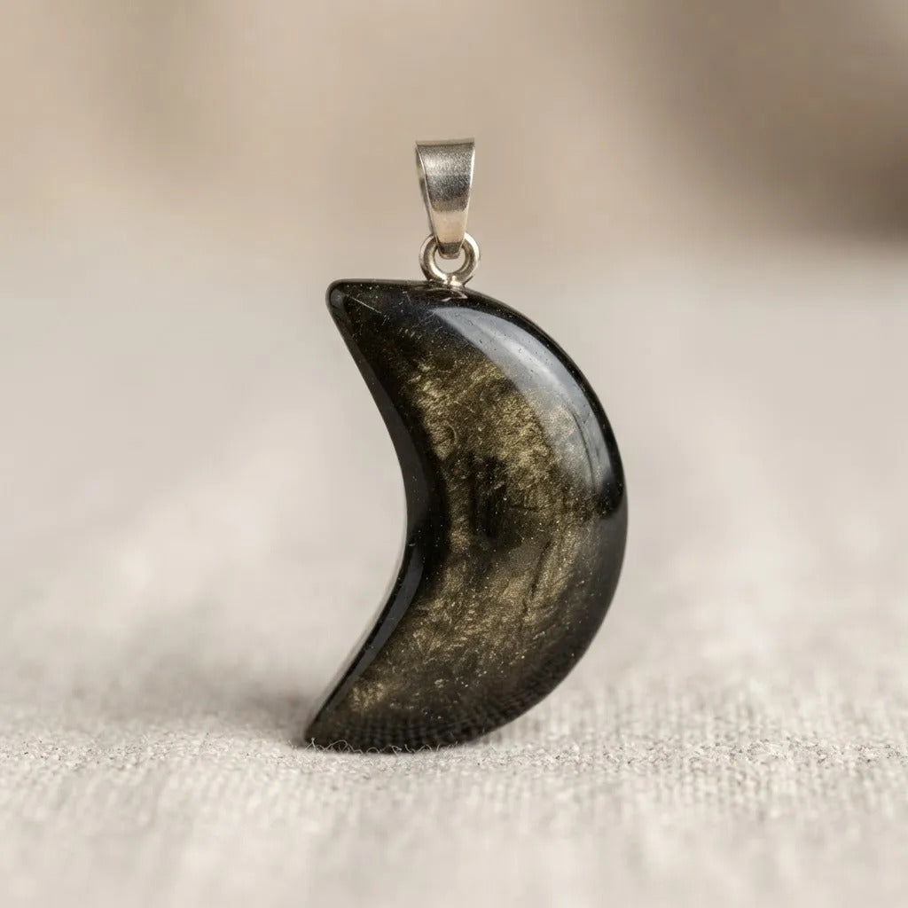 Dije Luna Obsidiana Dorada Natural Protección Energética Luna
