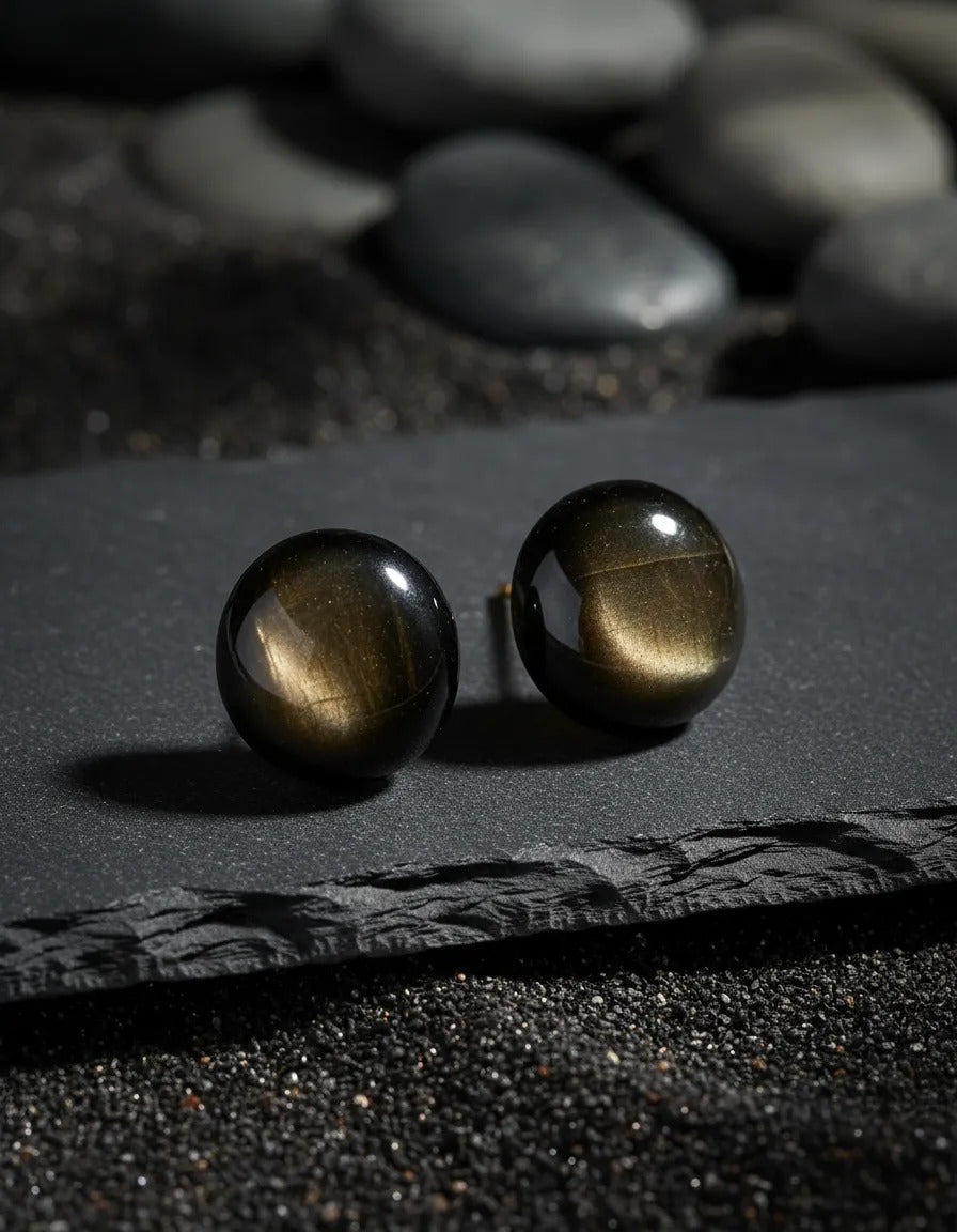 Aretes Obsidiana Dorada Natural Broquel Protección Energía