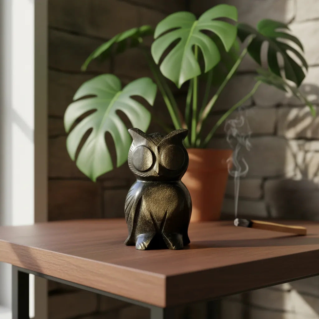 Figura Búho Obsidiana Dorada 9 Cm Artesanal Protección