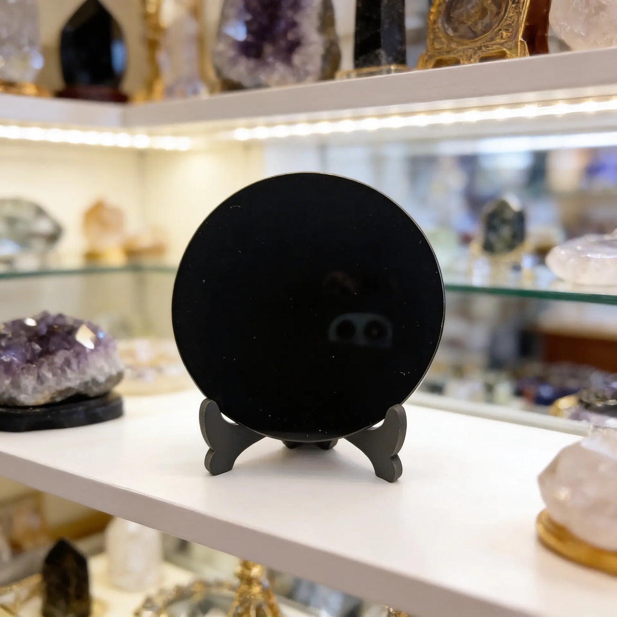Espejo De Obsidiana Liso Artesanal 13 Cm Energía Protección