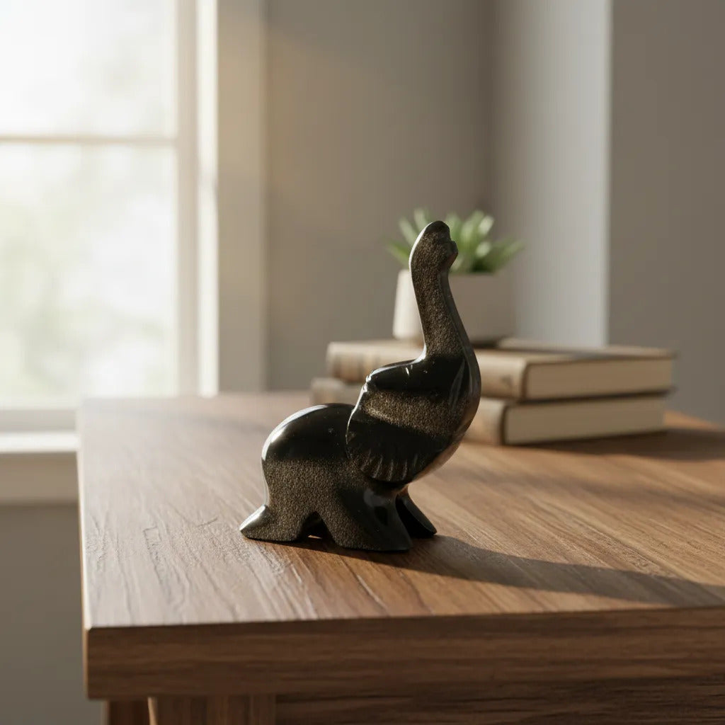 Figura Elefante Obsidiana Dorada 9 Cm Artesanal Protección